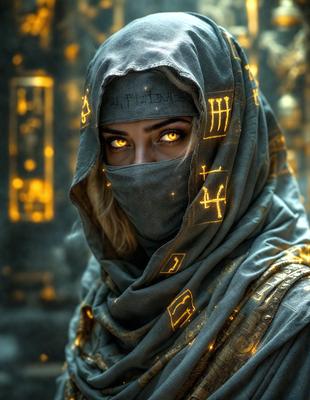 The primary subject of the image is a woman wearing a gray hooded outfit, which includes a hood and a scarf. She is looking directly at the camera, and her eyes are glowing. The setting is a dark room with a backdrop of a wall covered in symbols. The visual style is a combination of a photo and digital art, creating a unique and intriguing atmosphere. The colors in the image are predominantly gray and black, with the woman's eyes being the only source of color.